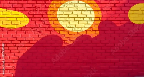 Vibrant Street Art Mural with Silhouettes and Bright Colors on Brick Wall, Urban Graffiti Scene, Modern Artistic Expression, Creative Wall Design, Colorful Street Art