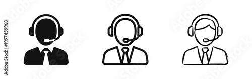 Customer support agent icon set with person wearing headset in three styles