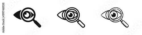 Vision research icon set with magnifying glass over human eye in three styles