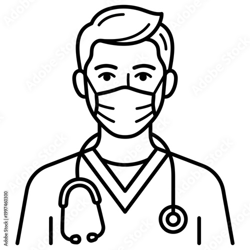 Masked Medical Worker Wearing Scrubs And Stethoscope