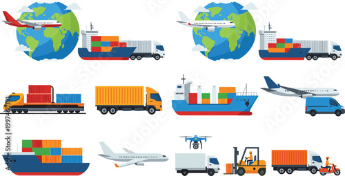 Logistics and Shipping Transport Set with Airplanes, Trucks, Ships, and Drones for Global Supply Chain, Freight, and Cargo Graphics