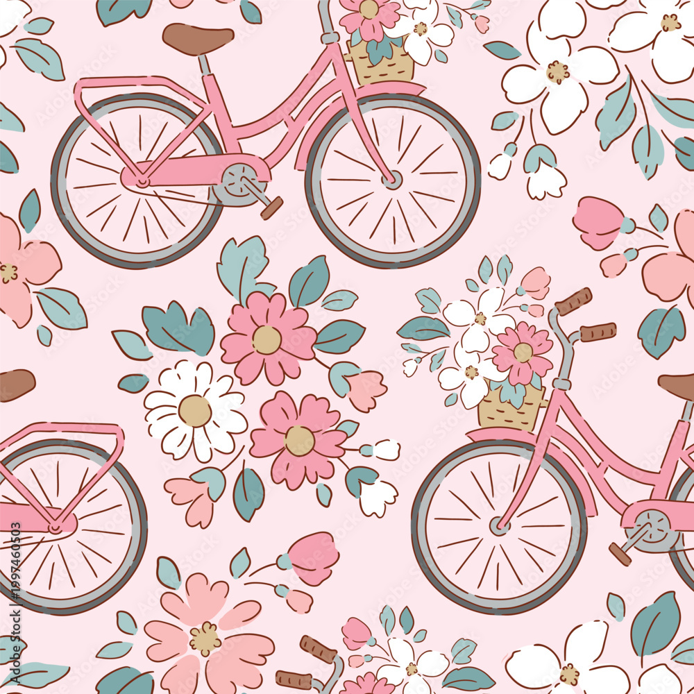 Fototapeta premium Seamless vector pattern with bike and flower bouquet. Hand drawn liberty floral with cute bicycle. Tiny floral illustration on isolated background. Perfect for textile, wallpaper or nursery print desi