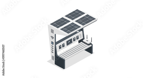 Smart Solar-Powered Bus Stop Isometric 3D Illustration with Wi-Fi and Charging Station for Modern City Infrastructure