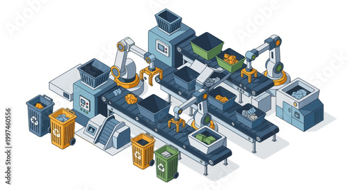 Automated Waste Sorting and Recycling Factory Isometric Vector Illustration with Robotic Arms and Conveyor Belts for Sustainable Green Technology