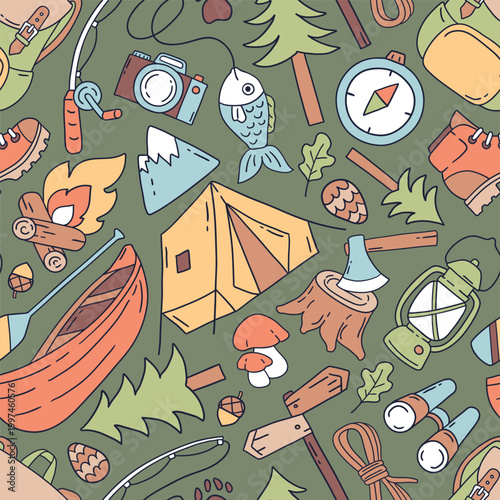 Seamless vector pattern with camping accessories on isolated background. Hand drawn hiking illustration. Perfect for textile, wallpaper or print design.