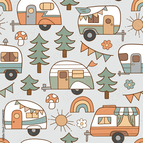 Seamless vector pattern with hand drawn vintage camping trailers, flowers and rainbows on isolated background. Perfect for textile, wallpaper or nursery print design.