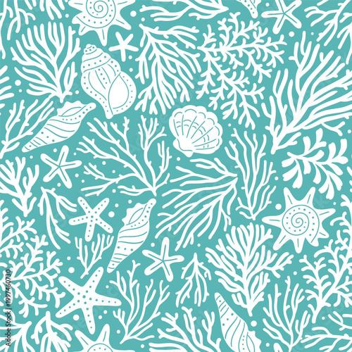 Seamless vector pattern with seashell, sea star and coral reef. Hand drawn underwater sea life illustration. Perfect for textile, wallpaper or print design.