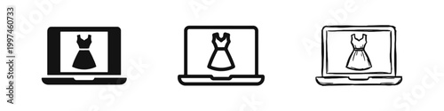 Online dress shopping icon set with laptop and garment on screen