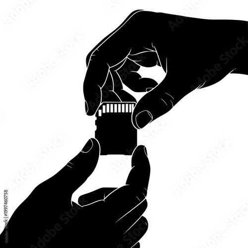 Silhouette of Two Hands Passing a Digital Memory Card