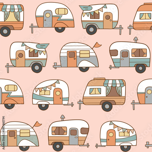 Seamless vector pattern with hand drawn vintage camping trailers on isolated background. Perfect for textile, wallpaper or nursery print design.