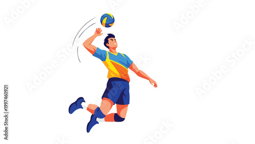 Illustration of a male athlete in mid-air, kicking a soccer ball with motion lines, wearing a colorful uniform against a plain white background.
