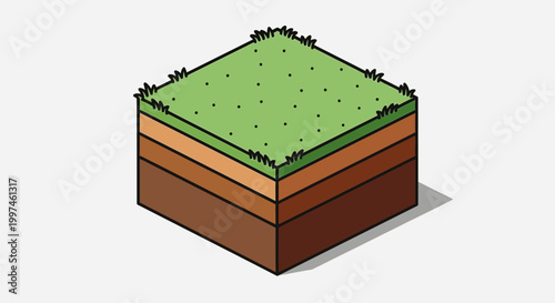 Isometric Soil Layers with Green Grass on Top, Cartoon Style