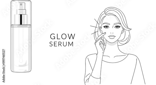 Woman applying glow serum in minimalist line art with soft natural lighting for skincare advertising