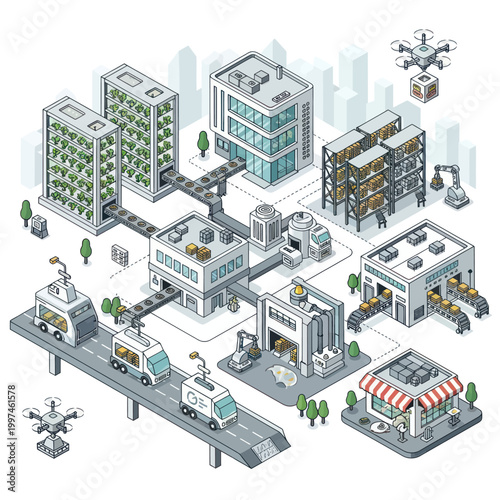 Isometric smart city illustration with autonomous vehicles and delivery drones.