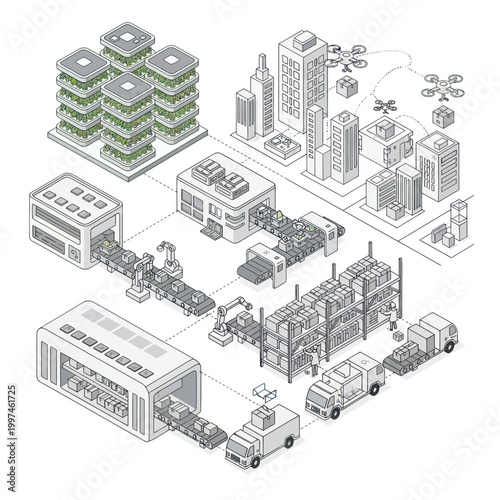 Isometric illustration of urban logistics and automated warehouse operations.