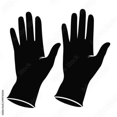 Black silhouette illustration of pair of disposable medical gloves vector.