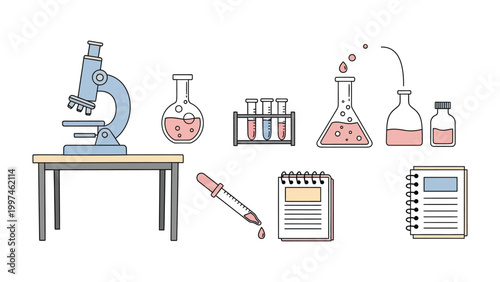 Scientific Discovery Tools: Explore the tools of scientific discovery with this illustration of a microscope, flasks, test tubes, dropper, and notepad.