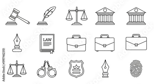Legal and justice system icons representing law, court, and related concepts in a line art style.