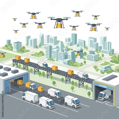 Autonomous drone and vehicle delivery network operating across urban logistics hub.