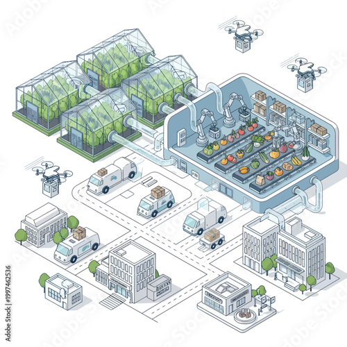 Isometric illustration of a smart urban farm with greenhouses, drones and autonomous delivery vehicles.