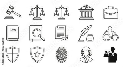 Legal Justice System Icons Depicting Law and Order Elements.