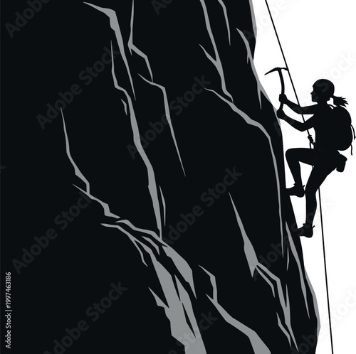 Mountain climber silhouette against steep rock face high-quality professional detailed