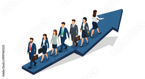 Diverse group of business professionals walking up an upward trending arrow.
