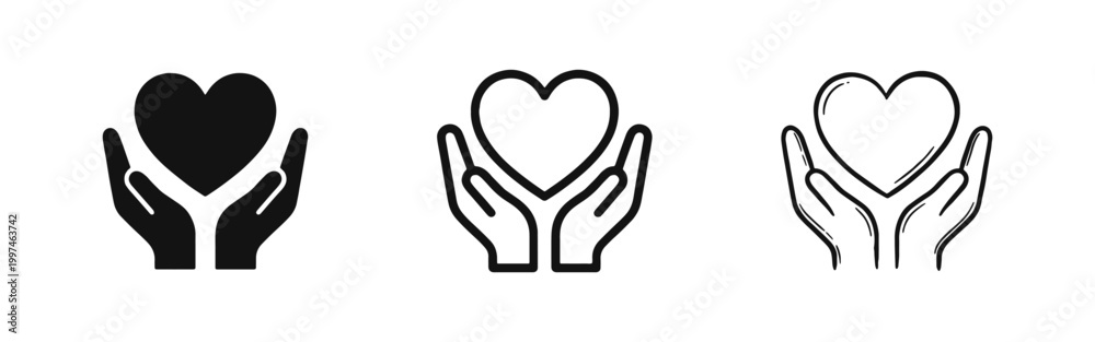 Fototapeta premium Hands Holding Heart Icons, Charity and Love Symbols in Solid Linear and Hand-Drawn Styles