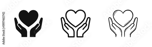 Hands Holding Heart Icons, Charity and Love Symbols in Solid Linear and Hand-Drawn Styles