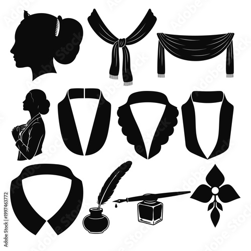 Vintage Fashion and Writing Silhouette Icon Set for Elegant Design