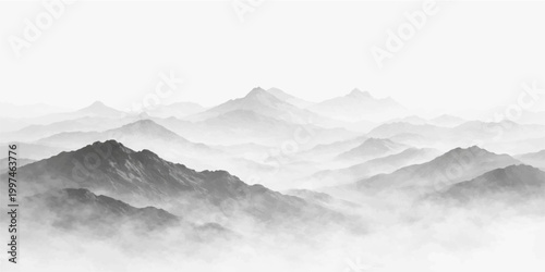 Canvas-taulu Misty mountain range background: soft grayscale peaks fading into fog with layer