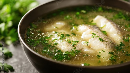 Close Up of Gourmet Catfish Soup with Herbs in a Bowl