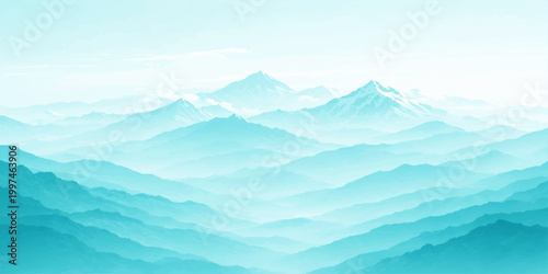 Turquoise misty mountain landscape: serene layered peaks with soft fog gradients, cool aqua tones and dreamy atmospheric nature background