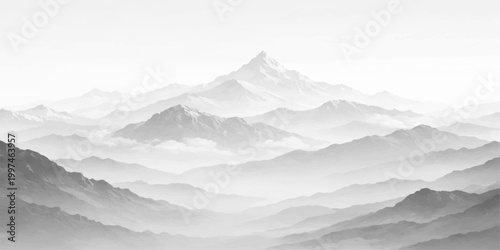 Misty mountain landscape background: serene monochrome peaks with layered fog, soft atmospheric perspective and tranquil minimal nature scene