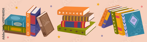 Stack of books vector set. Pile of textbook, literature for education, library and bookstore concept. Hand drawn sketch style or flat design for reading, study and school knowledge.