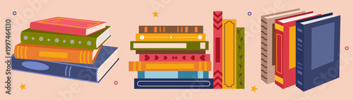 Stack of books vector set. Pile of textbook, literature for education, library and bookstore concept. Hand drawn sketch style or flat design for reading, study and school knowledge.