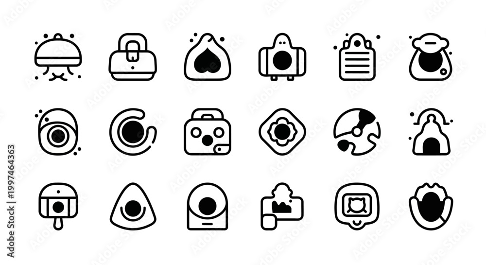 Fototapeta premium Essential black line art icon set for modern digital design, featuring common objects, food, and financial symbols for versatile use in various projects