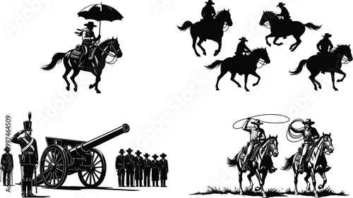 Cowboy and cavalry silhouettes set, horse riders with lasso and cannon scene isolated on white background, western culture illustration
