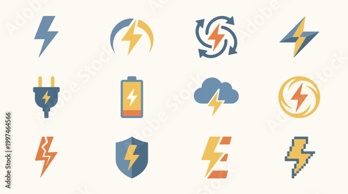 Collection of modern icons depicting lightning bolts and electricity symbols in blue and orange hues on a white background.
