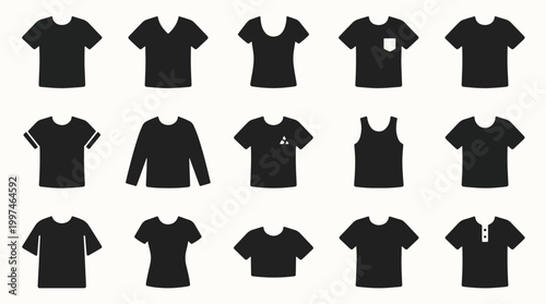 Collection of various black t-shirt silhouettes on white background