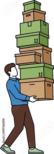 Man struggling to carry an extremely tall stack of heavy cardboard boxes.