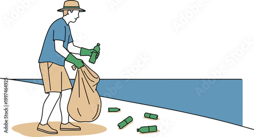 Man cleaning up plastic waste and bottles from a polluted waterfront area.