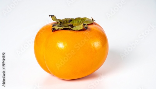 A vibrant orange persimmon sits on a white surface with green leaves on top.