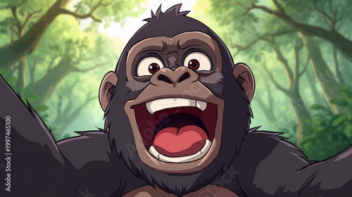 Vector cartoon illustration of a gorilla kid taking a selfie in the jungle  mischievous energy of the moment as if the monkey just discovered the camera