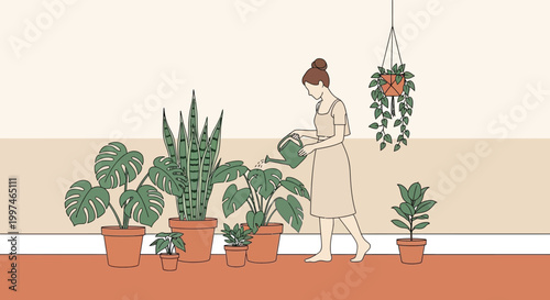 Woman watering green houseplants indoors, enjoying home gardening and peaceful plant care.