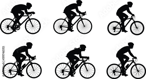 Cyclist silhouettes set, road bike riders in motion isolated on white background, cycling sport fitness activity concept illustration design
