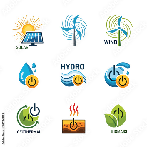 Sustainable power icons showcase solar, wind, hydro, geothermal, biomass energy sources