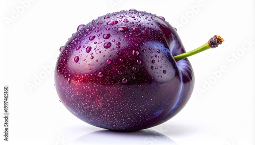 Fresh purple cherry with water droplets on its skin and stem