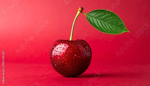 A single ripe cherry with a green leaf sits on a red surface against a matching red background.