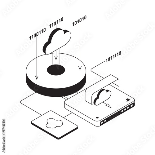 cloud storage diagram with binary data and hard drive